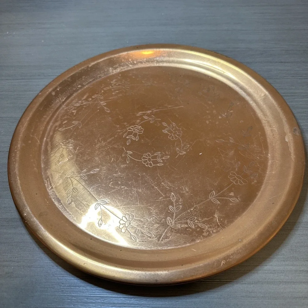 Vintage Copper Decor Plate 12in Engraved Floral Pattern